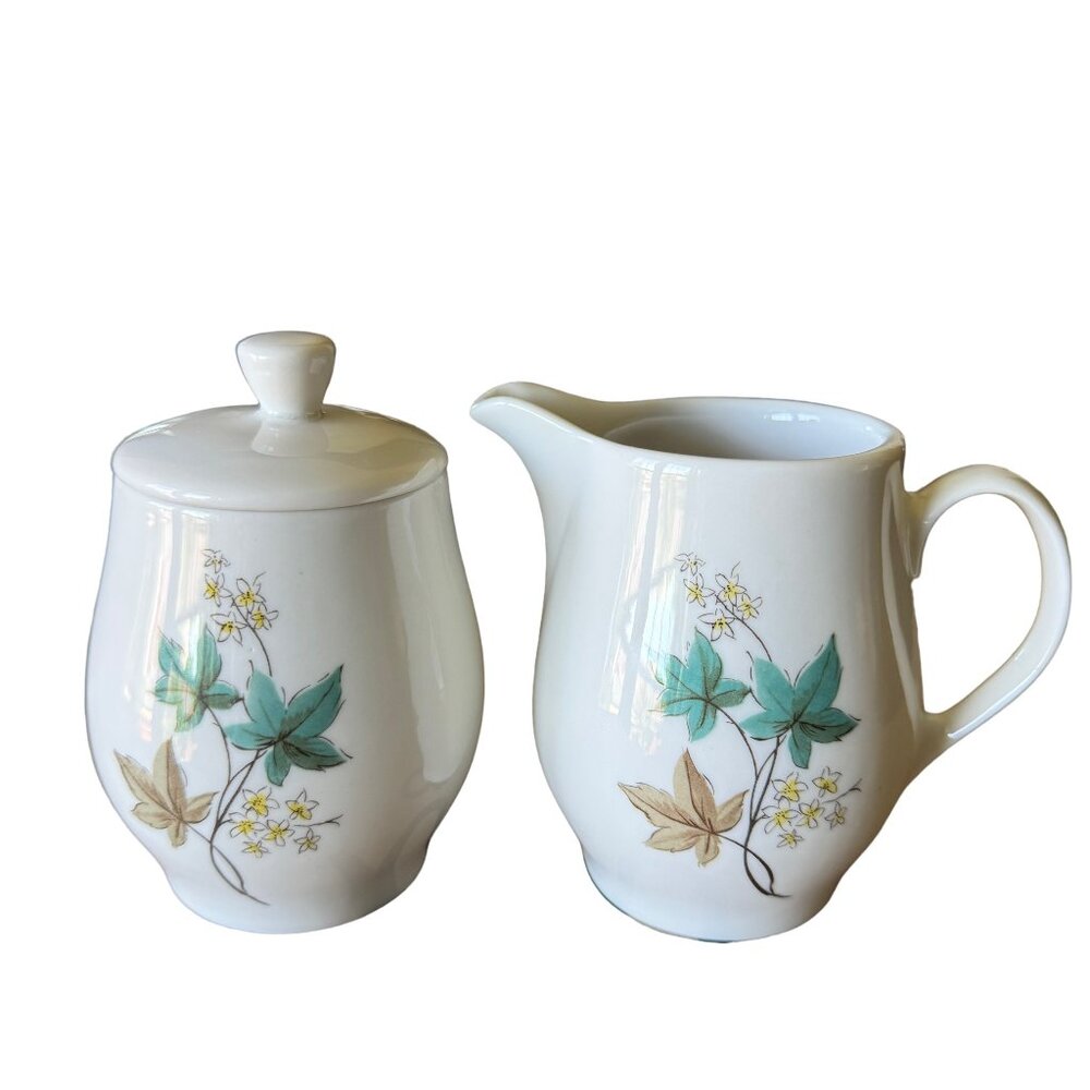 Syracuse Vintage MCM Woodbine Carefree Creamer & Sugar Dish with Lid Leaves Set